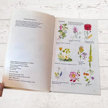 Open book with illustrations of flowers on a wooden surface