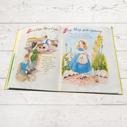 Open book with illustrated pages on a wooden surface