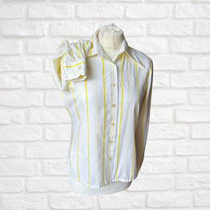 Vintage 1970s White Cotton Blend Shirt With Yellow Stripes . Approx UK size 10-12