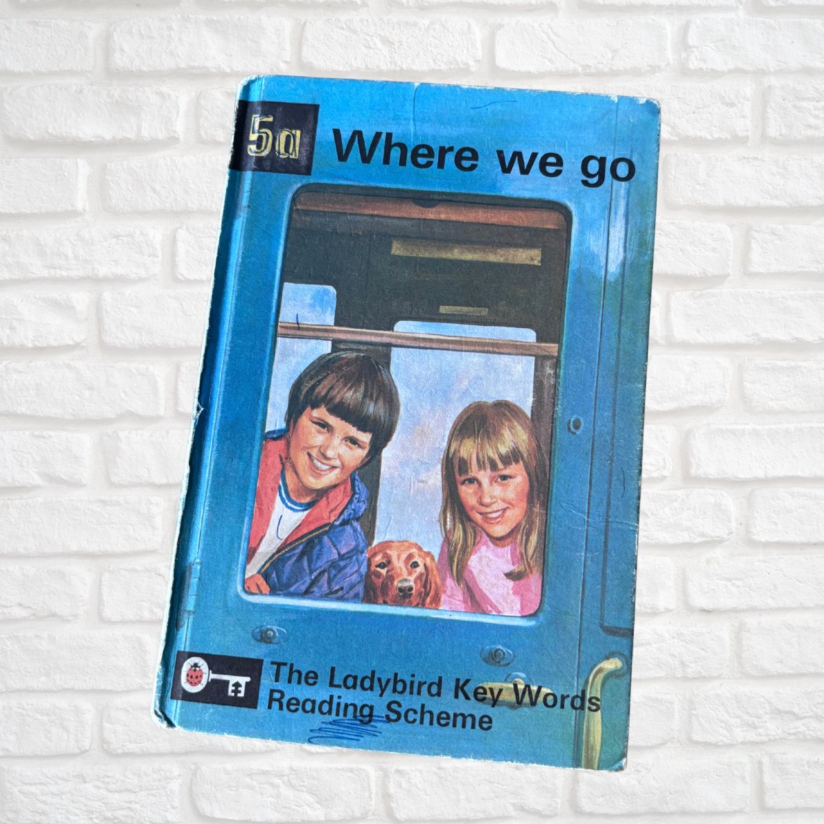 Vintage book titled 'Where we go' by The Ladybird Key Words Reading Scheme on a white brick background
