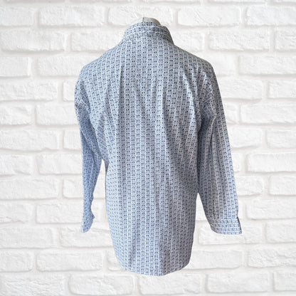 White and Blue Long Sleeved Cotton Vintage Shirt. Approx UK size L - XL( men) 16-18 (women)