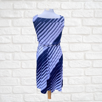 80s Navy Blue and White Striped Cotton Vintage Sundress with Matching Belt. Approx UK size 14-16