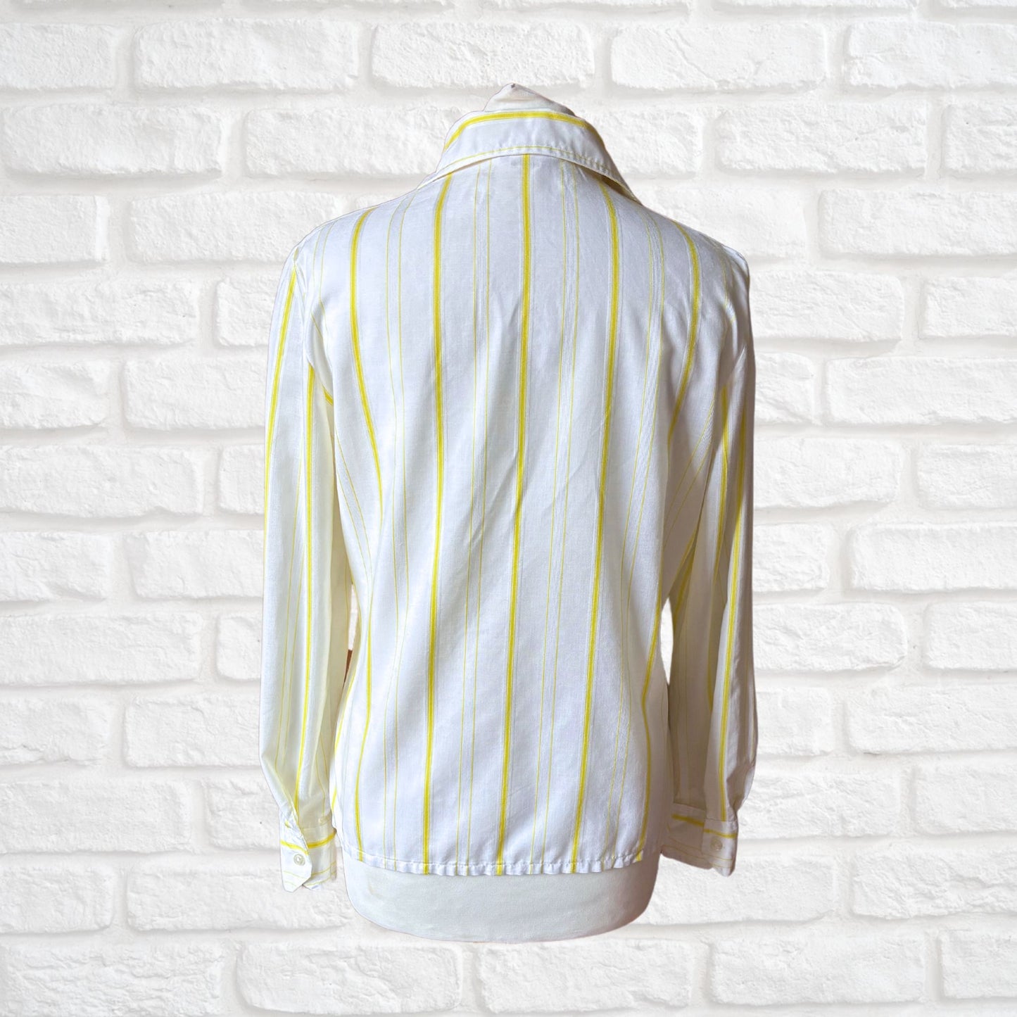 Vintage 1970s White Cotton Blend Shirt With Yellow Stripes . Approx UK size 10-12
