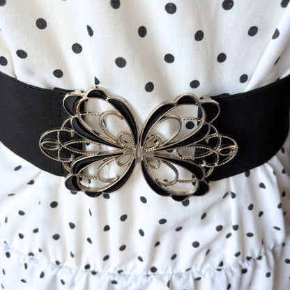 Vintage 80s Black Stretch Waist Belt with Art Deco Clasp. Approx UK size 12 - 16