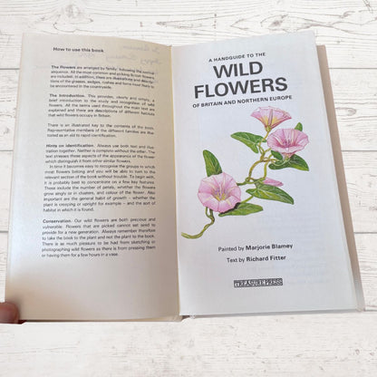 Open book titled 'A Handguide to the Wild Flowers of Britain and Northern Europe' on a wooden surface.