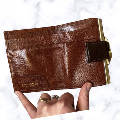 Vintage Textured Two Tone Brown Leather Clasp Top Purse/Wallet - Stylish and Practical