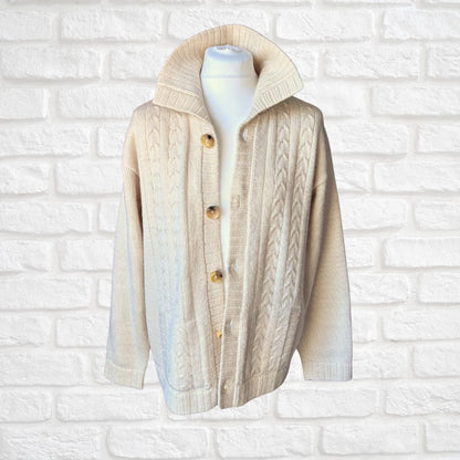 Wool vintage cream mens cardigan with collar on white background 