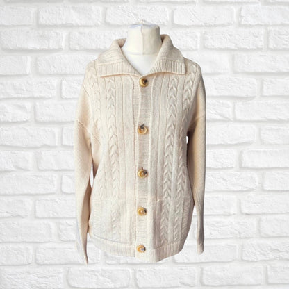 Wool vintage cream unisex cardigan with collar and faux horn buttons 