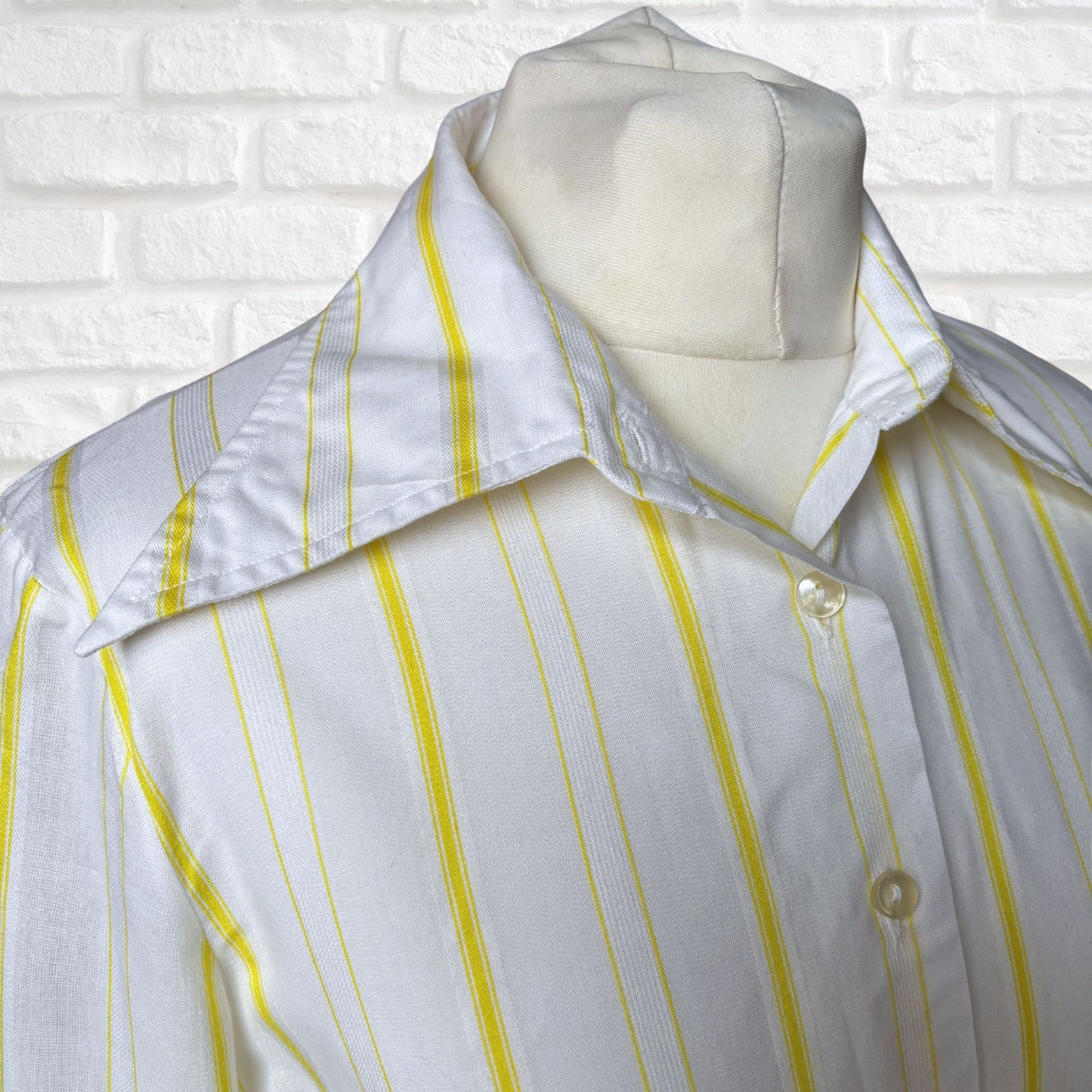Vintage 1970s White Cotton Blend Shirt With Yellow Stripes . Approx UK size 10-12