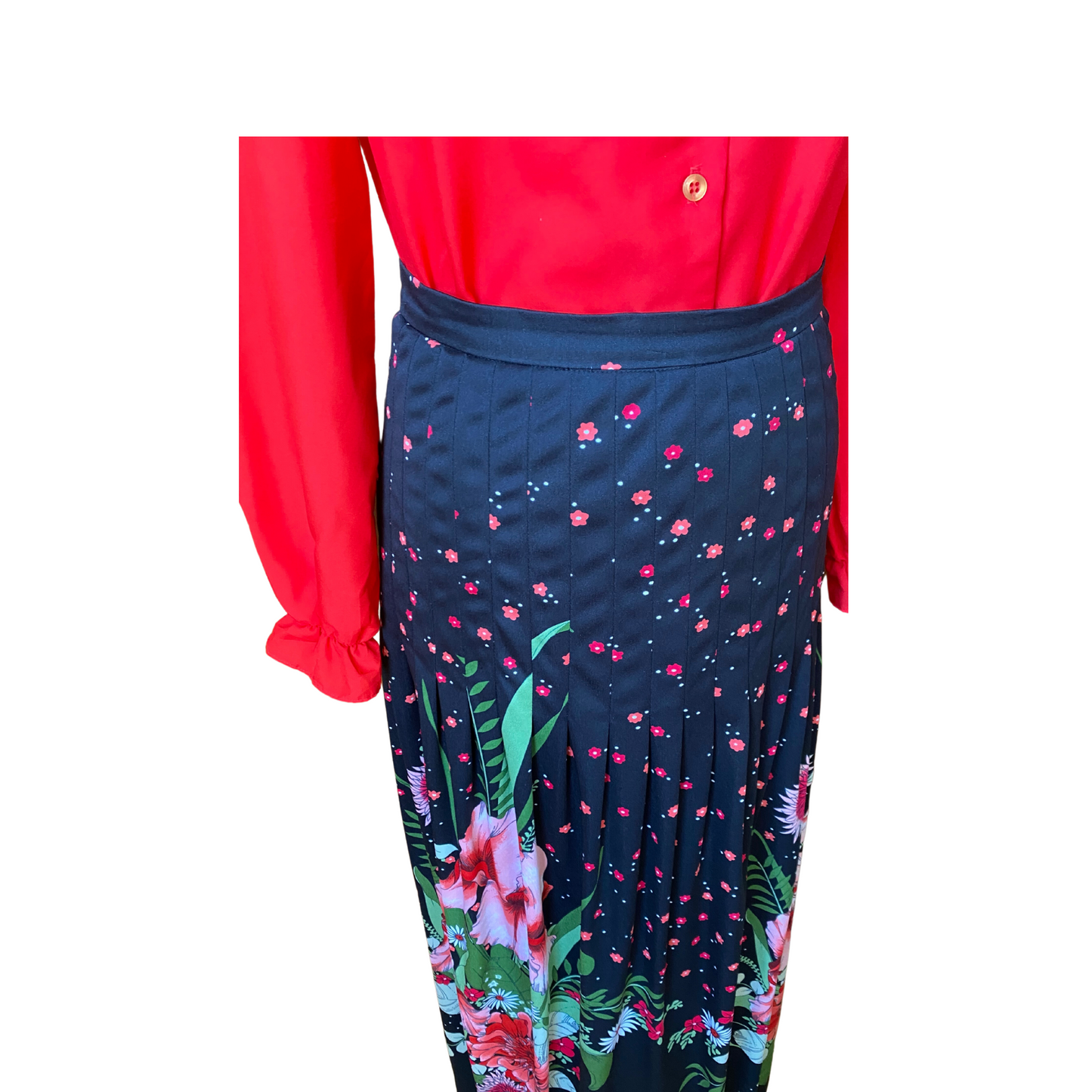 Dark floral, black, red, pink and green vintage maxi  skirt.  Approx UK size 8-10