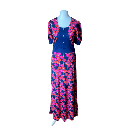 Full length 70s pink, purple blue and orange diamond print dress with shorty puffed sleeves 