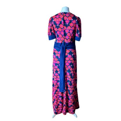 70s blue, pink, orange and purple geometric maxi dress.Approx U.K.size 6-8