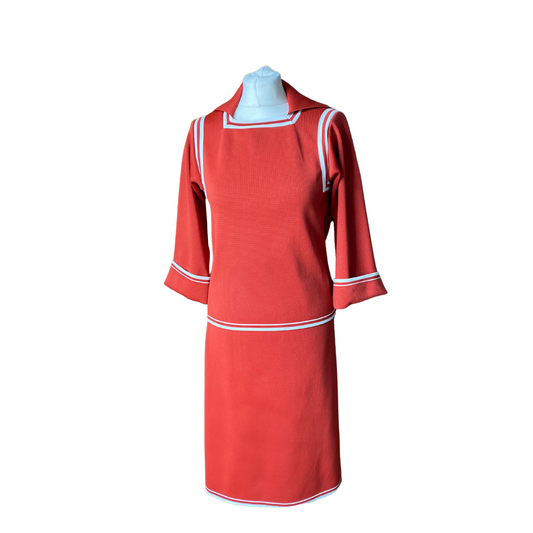 Two piece vintage  skirt suit with sailor style collar top and straight skirt. 