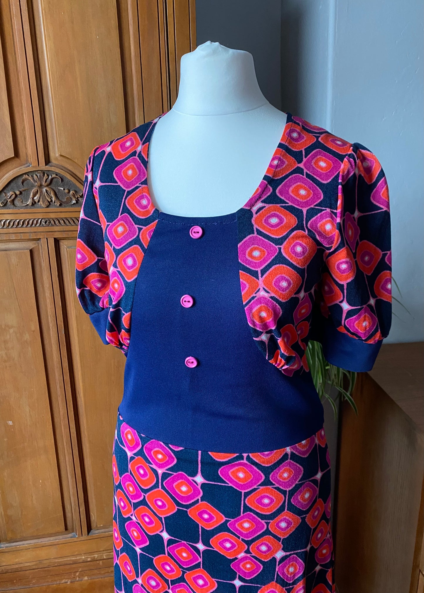 70s blue, pink, orange and purple geometric maxi dress.Approx U.K.size 6-8