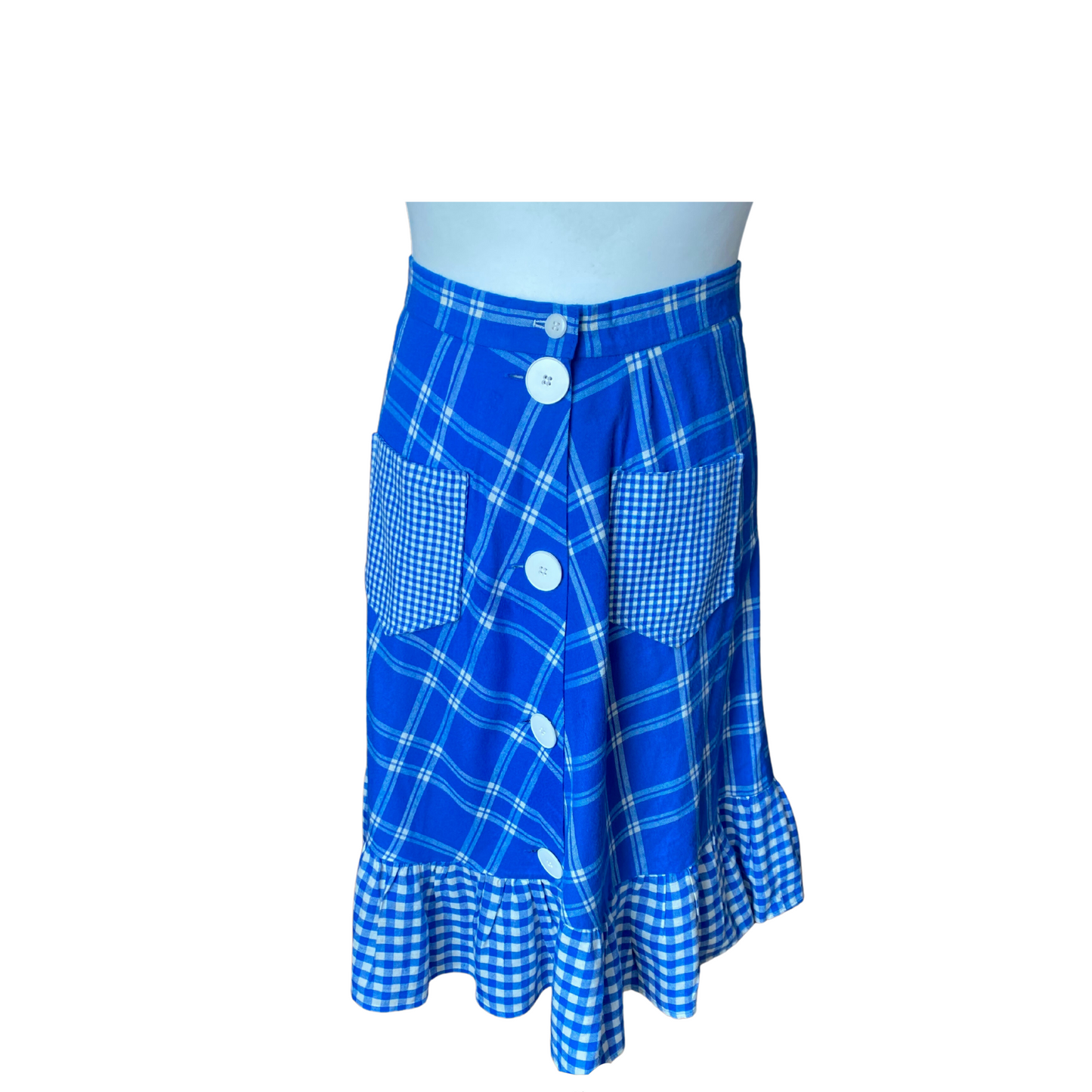 Blue and white checked vintage skirt with gingham pockets and hem frill. Large white button down front. 