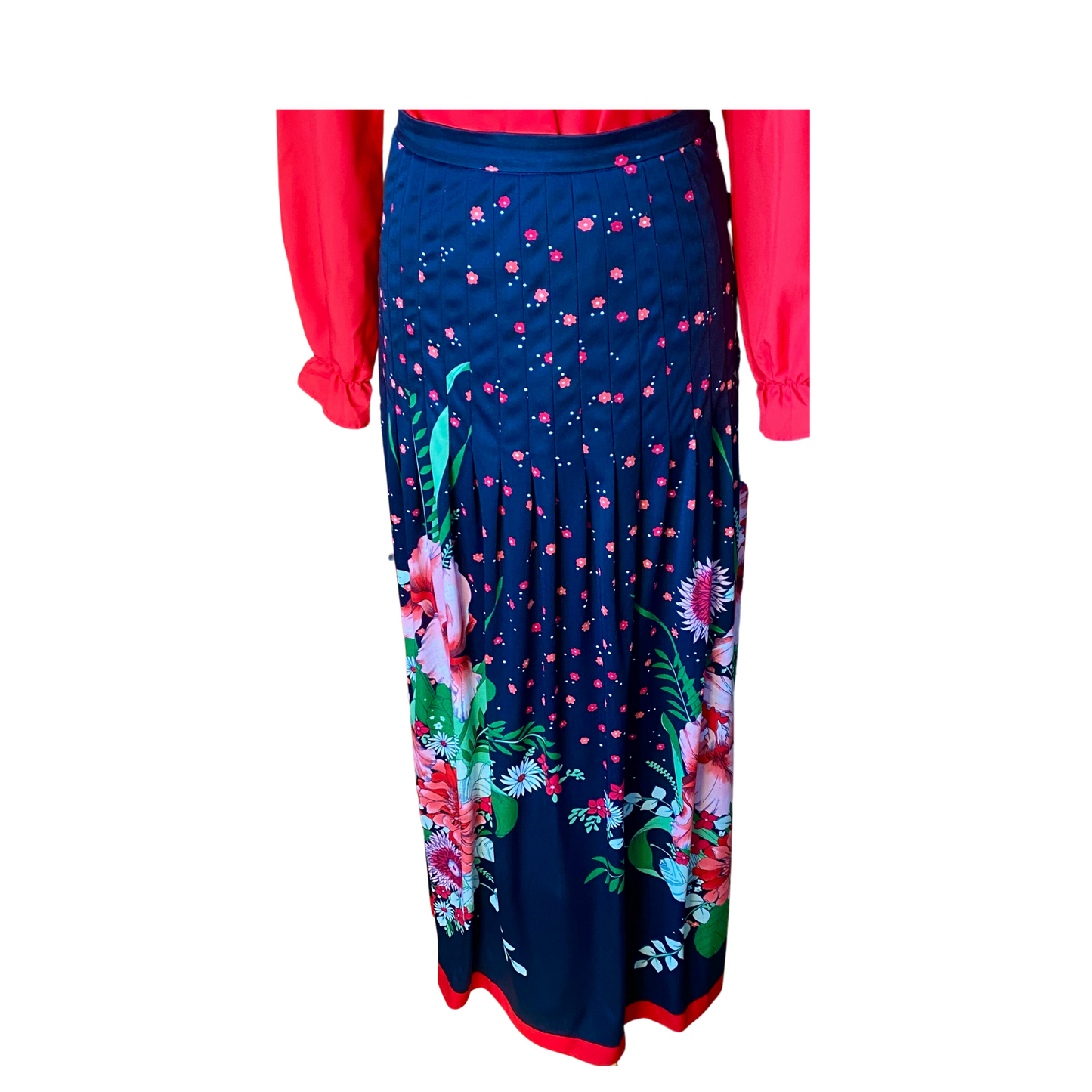 Full length black vintage skirt with bold floral design in pink, red, green and white. 