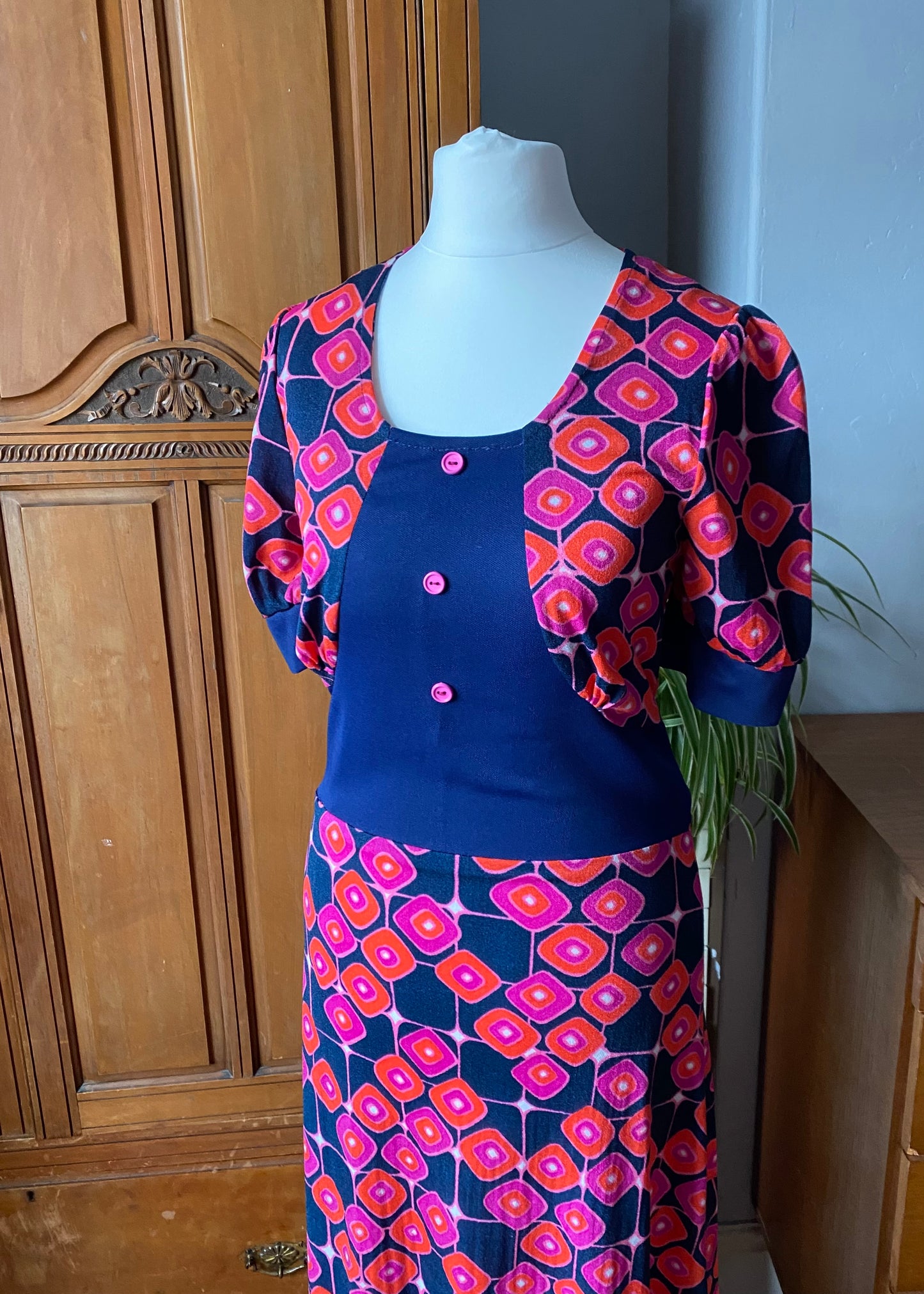70s blue, pink, orange and purple geometric maxi dress.Approx U.K.size 6-8