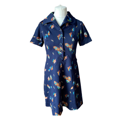 60s A line navy blue, feather print mini dress  Approx UK size 10-12