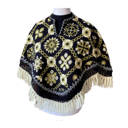 70s  green and black reversible fringed poncho/cape. Approx  U.K.  size 10 -16