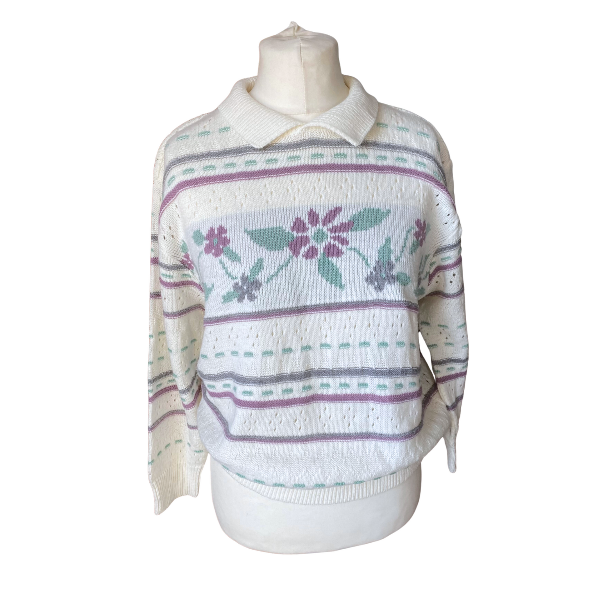 White 80s lightweight jumper with lilac, green and grey flowers and  stripes. Collared neckline. 