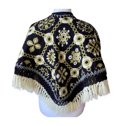 70s  green and black reversible fringed poncho/cape. Approx  U.K.  size 10 -16