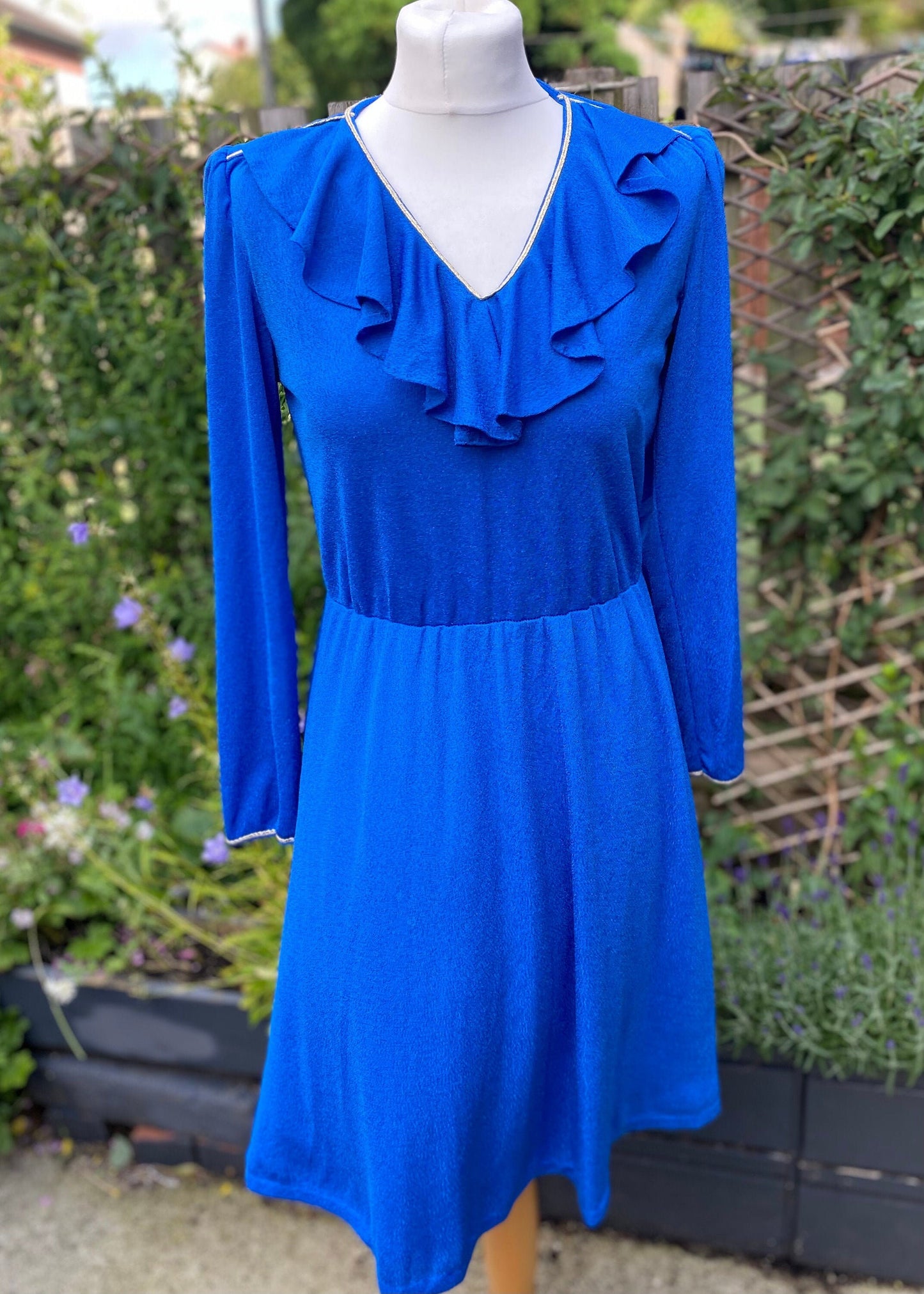 80s bright blue and gold party dress with frill neckline. Approx UK size 10-12