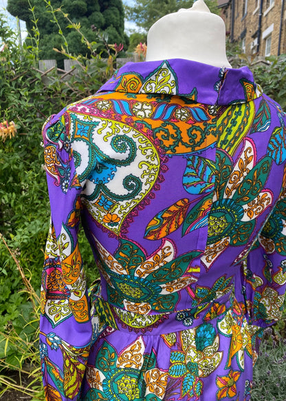 60s /70s purple paisley, long sleeved maxi dress . Approx UK size 10-12