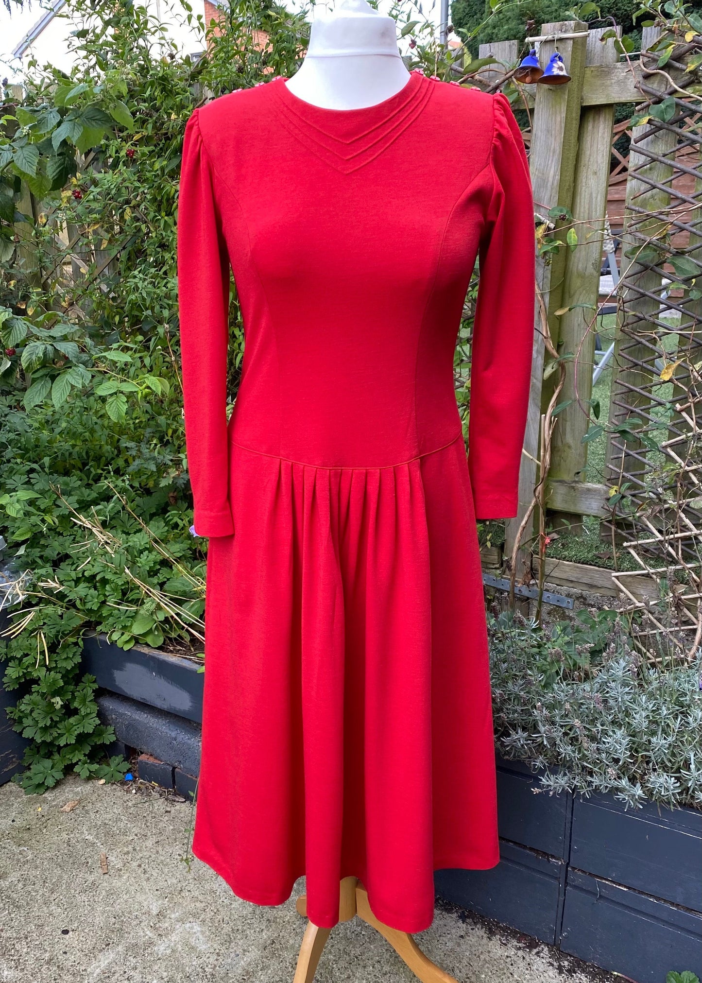 80s red long sleeved midi dress by Lanz Originals . Approx UK size 12 -14