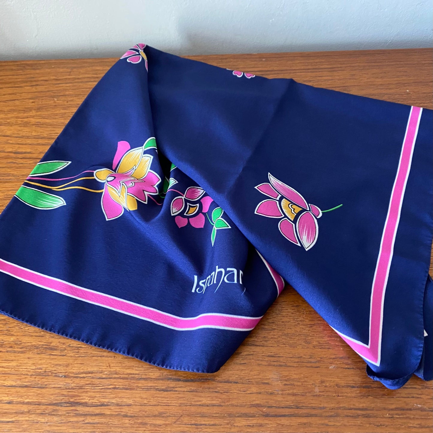 Large vintage floral scarf. Blue with pink flowers and border. Made in Italy. Great gift idea