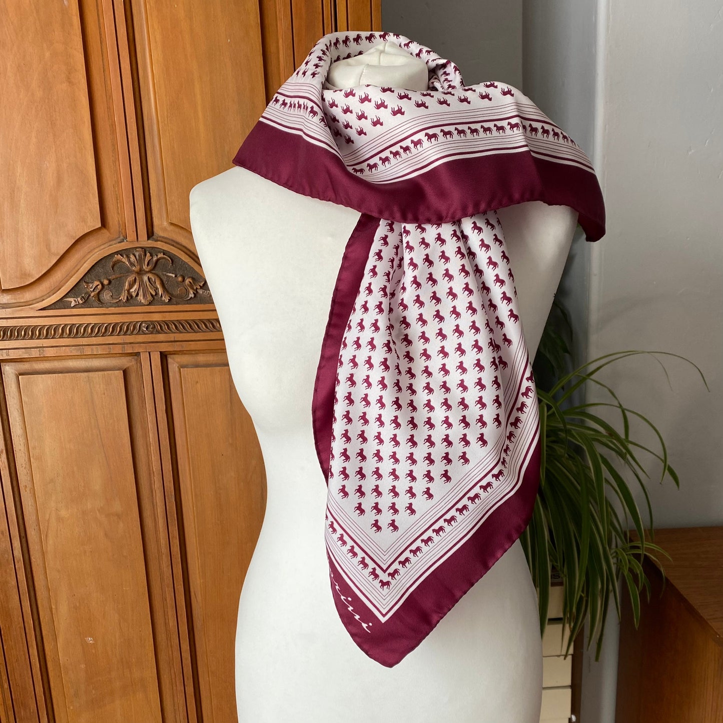Large square vintage scarf. White and purple horse print ,  Fiorini scarf. Great gift idea
