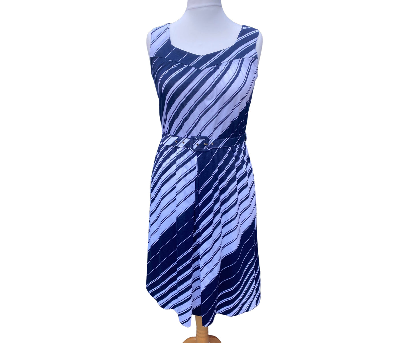 Blue and white diagonal striped sleeveless dress with belt 