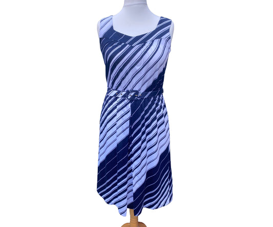 Blue and white diagonal striped sleeveless dress with belt 