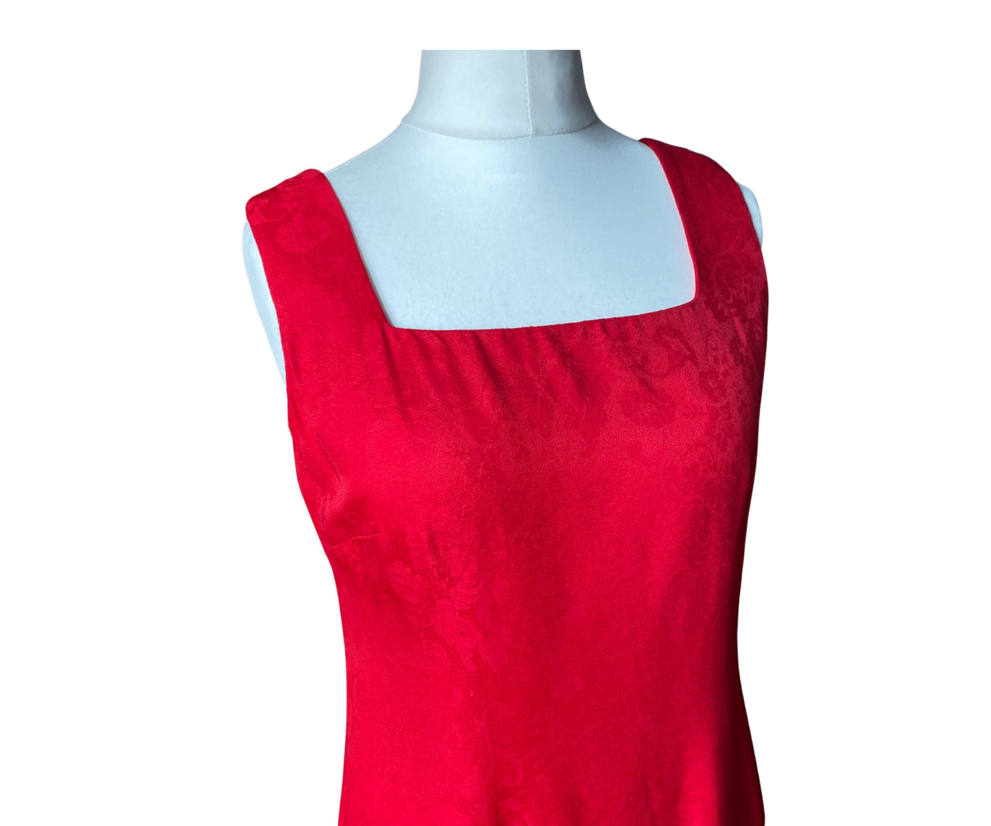90s red rayon sleeveless dress by Karin Stevens. Approx  U.K. size 12-14