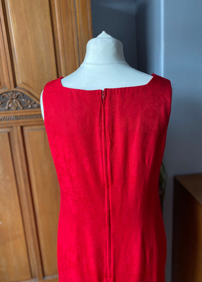 90s red rayon sleeveless dress by Karin Stevens. Approx  U.K. size 12-14