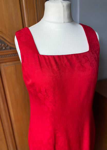 90s red rayon sleeveless dress by Karin Stevens. Approx  U.K. size 12-14