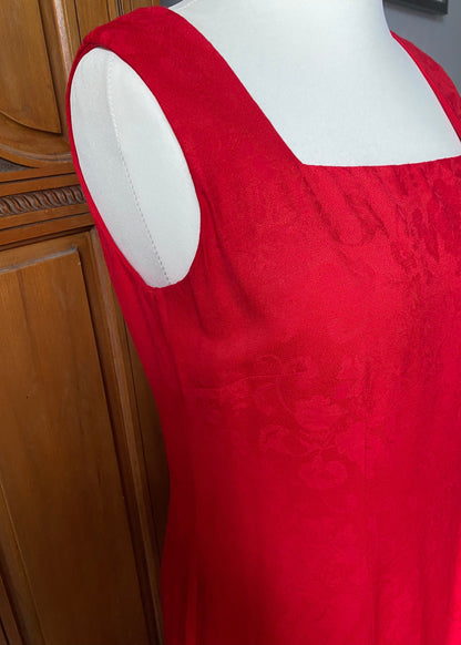 90s red rayon sleeveless dress by Karin Stevens. Approx  U.K. size 12-14