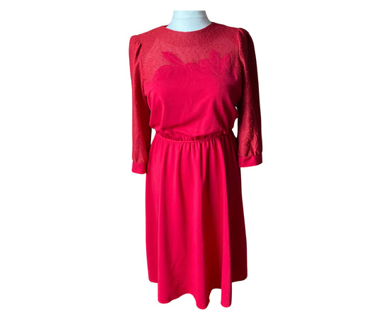 Bright red 80s midi dress with appliqué bodice 