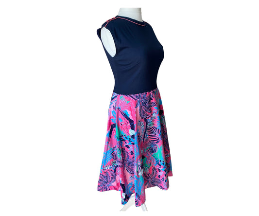80s dress with navy blue sleeveless bodice and flared palm print skirt 