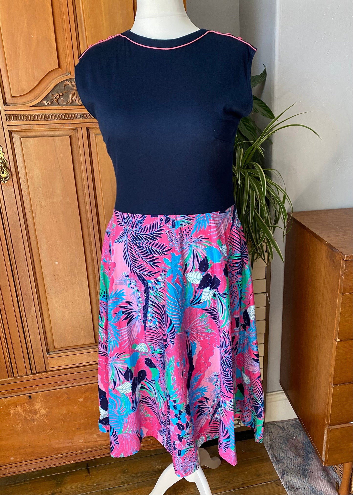 80s cotton pink and blue tropical palm print sundress.. Approx U.K. size 14 -16