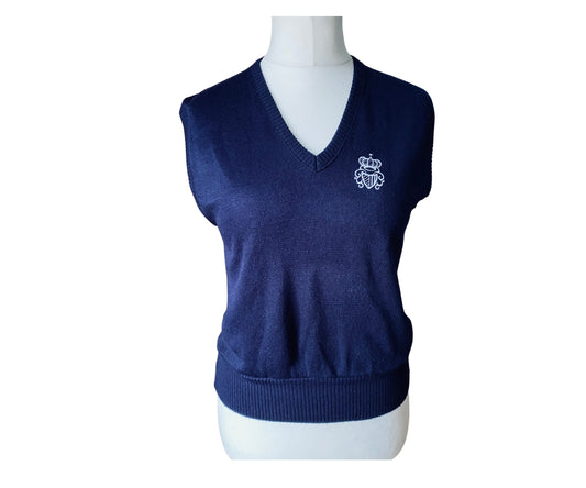 Navy blue 80s  v neck tank top with white crown/ shield motif 