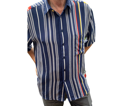 80s dark blue silk striped abstract patterned shirt. Approx UK size 16-22 (w) L-XL (m)