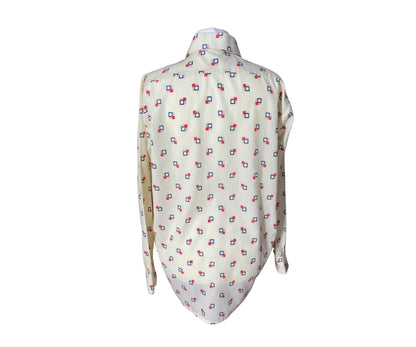 70s cream, red and blue geometric print shirt. Approx  UK size 16-22 (w) L-XL (m)