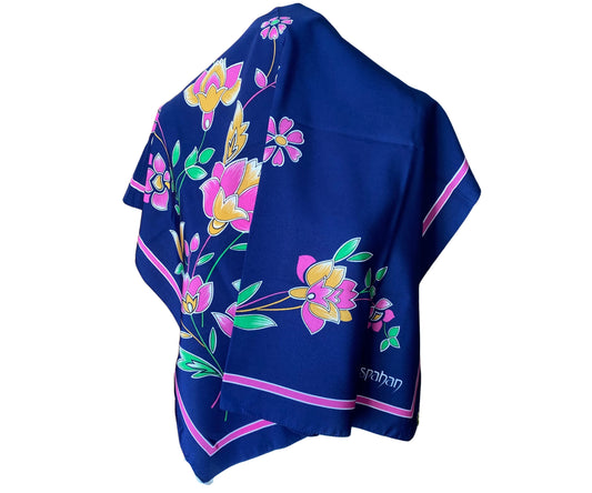 Large vintage floral scarf. Blue with pink flowers and border. Made in Italy. Great gift idea