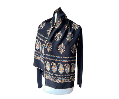 Long vintage black and gold paisley print  scarf with hand rolled edges. Great gift idea