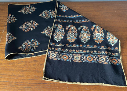 Long vintage black and gold paisley print  scarf with hand rolled edges. Great gift idea