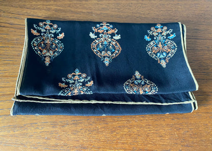 Long vintage black and gold paisley print  scarf with hand rolled edges. Great gift idea