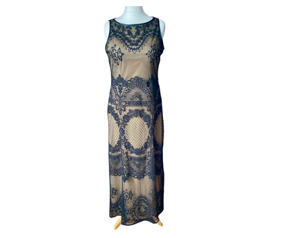 Full length black lace mesh 90s dress with dark gold lining 
