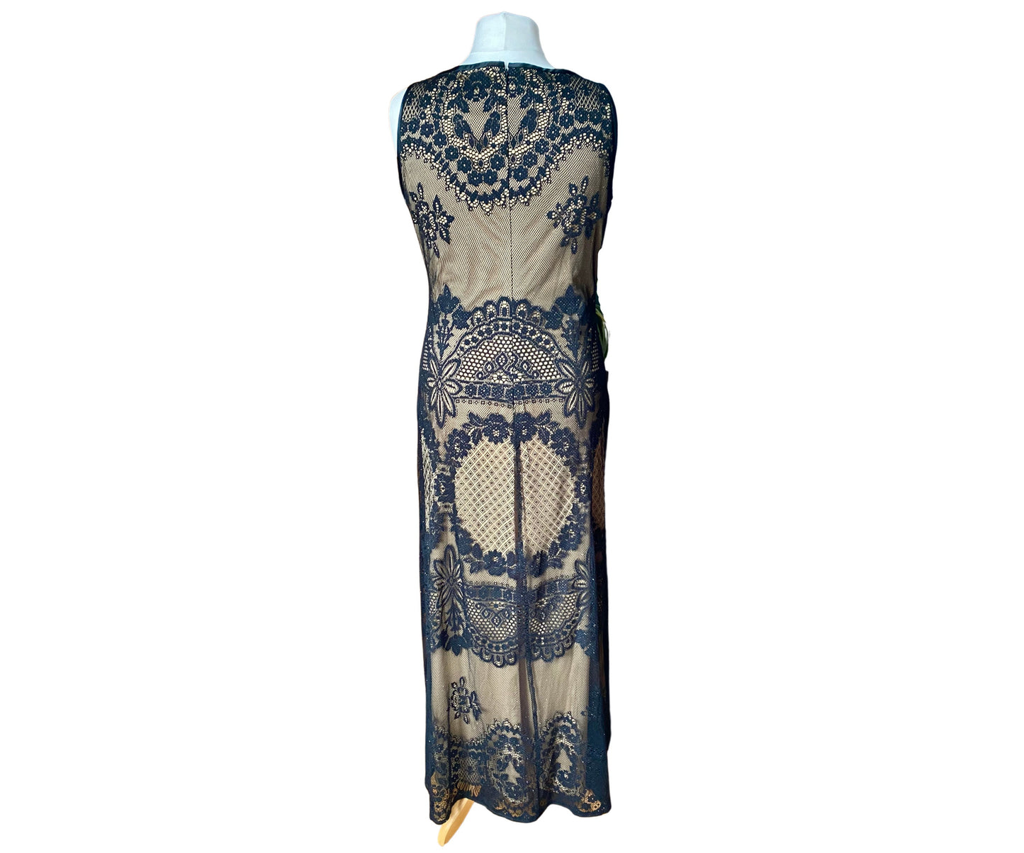 90s black lace dress. Vintage embroidered mesh maxi. Sleeveless, with satin trim and a gold lining. Approx U.K  size 14-16