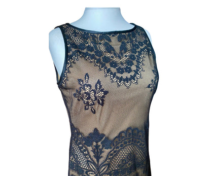90s black lace dress. Vintage embroidered mesh maxi. Sleeveless, with satin trim and a gold lining. Approx U.K  size 14-16