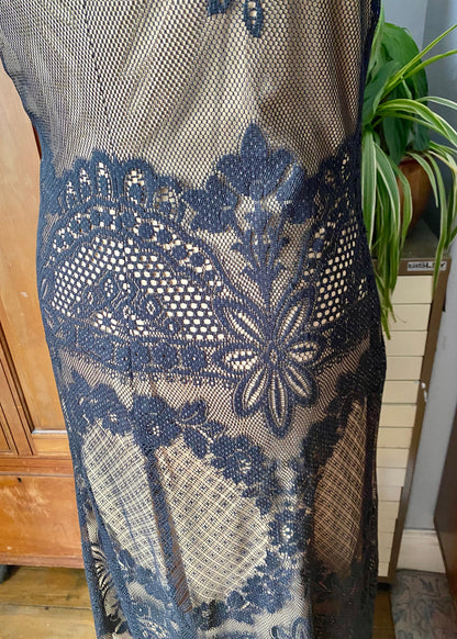 90s black lace dress. Vintage embroidered mesh maxi. Sleeveless, with satin trim and a gold lining. Approx U.K  size 14-16